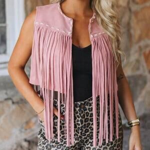 Soft Pink Vegan Suede Fringe Vest with Buck-Stitch Detail